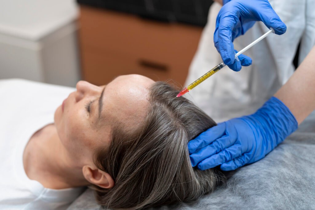 An aesthetician applies an anti-hair loss treatment to a woman sitting in a salon chair. The aesthetician, wearing professional attire, gently massages the treatment into the woman's scalp, who appears relaxed and comfortable during the procedure